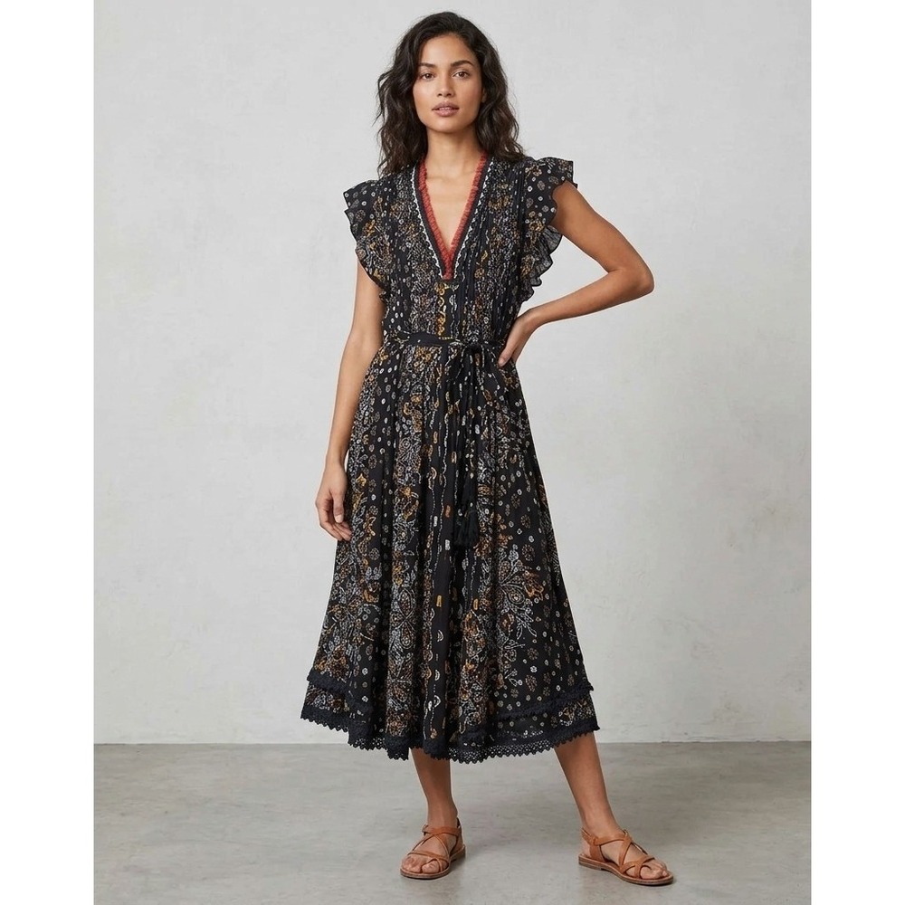 Poupette St Barth S Black Paisley Floral Midi Dress Pintuck Bodice Crochet Trim